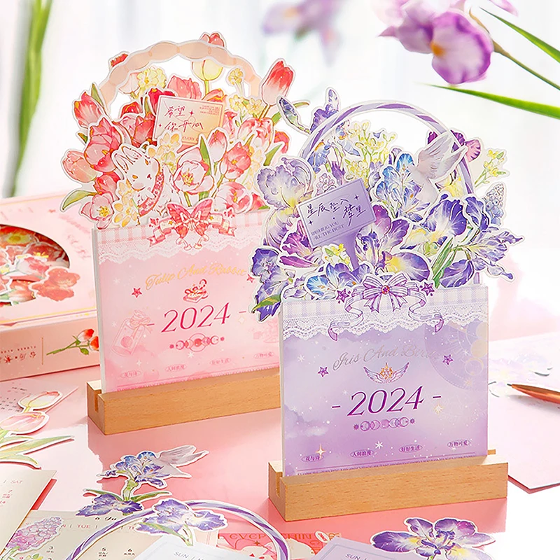 

2024 Exquisite Flower Desk Calendar Creative Wooden Card Calendar High Quality Desktop Illustrator Decorate Supplies