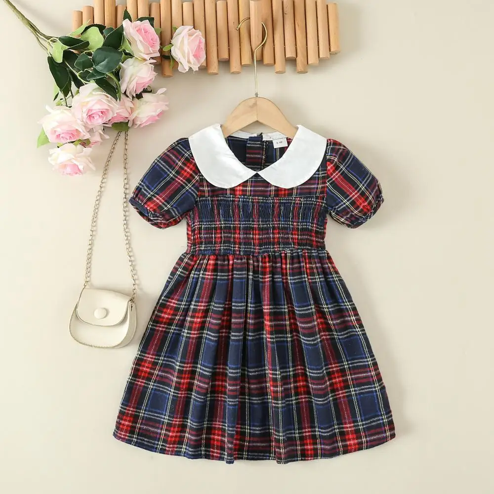 

2024 Vintage Plaid Children Girl Clothes Dress Peter Pan Collar Girls Princess Clothing Kids Party Dresses Summer Cute Vestidos