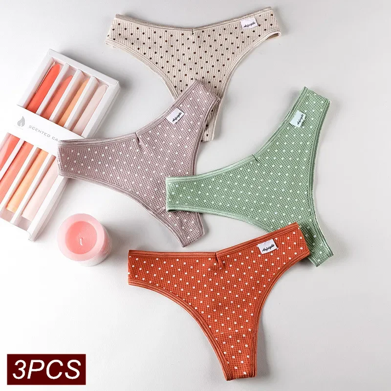 3 Pieces Polka Dots Cotton Thong Women Pack Underwear Seamless Ladies Plaid G Strings Femme Pantys Tanga Mujer