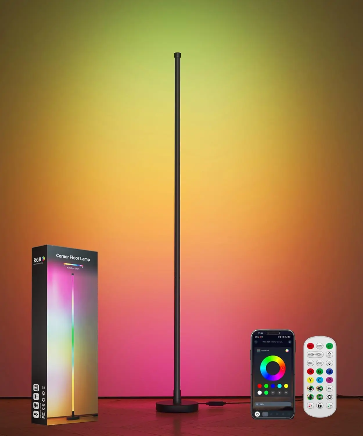 

Smart RGB LED Corner Floor Lamp, Music Sync 16M Colors, Remote & App Control, Color Changing Ambient Light for Living Room, Bedr