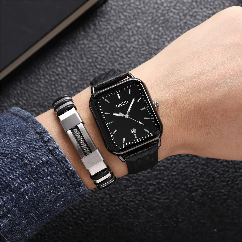 2pcs/set high quality calendar rectangle men leather business watch