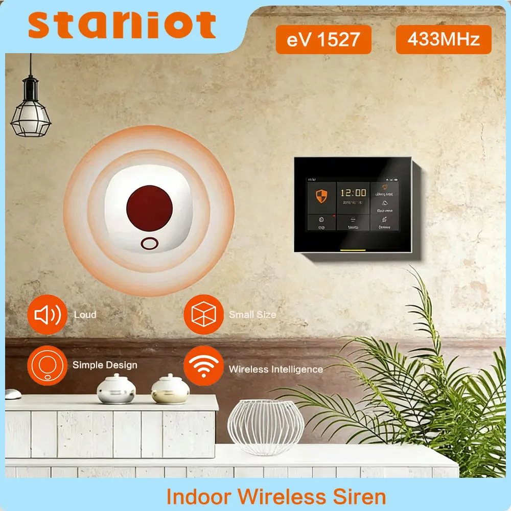 

Беспроводная умная сирена-оповещатель Staniot 433 МГц с внутренним световым стробоскопом, высокой громкостью, водонепроницаемая, совместима с системами домашней безопасности