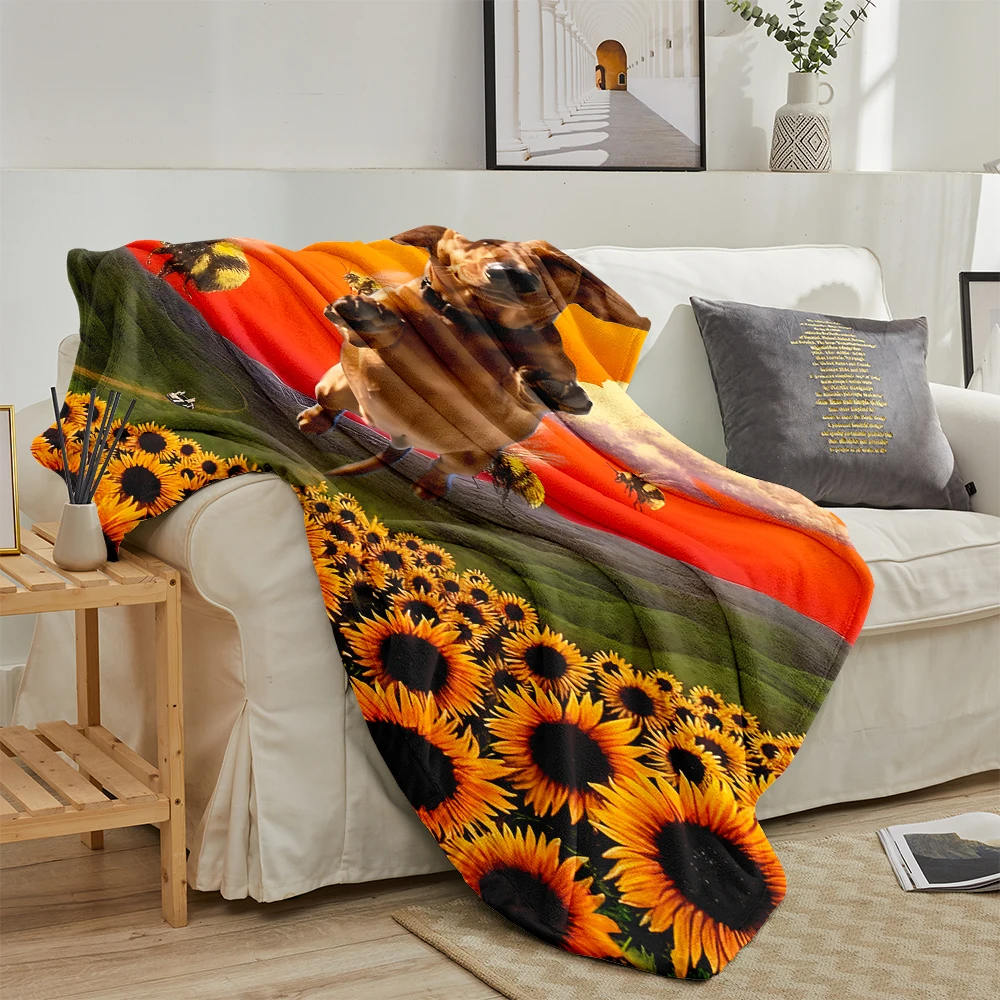 Dachshund Flying Sunflowers Flannel Fleece Blanket Soft Cozy Throw Blanket for Couch Bed Sofa Lightweight Plush Bed Blanket