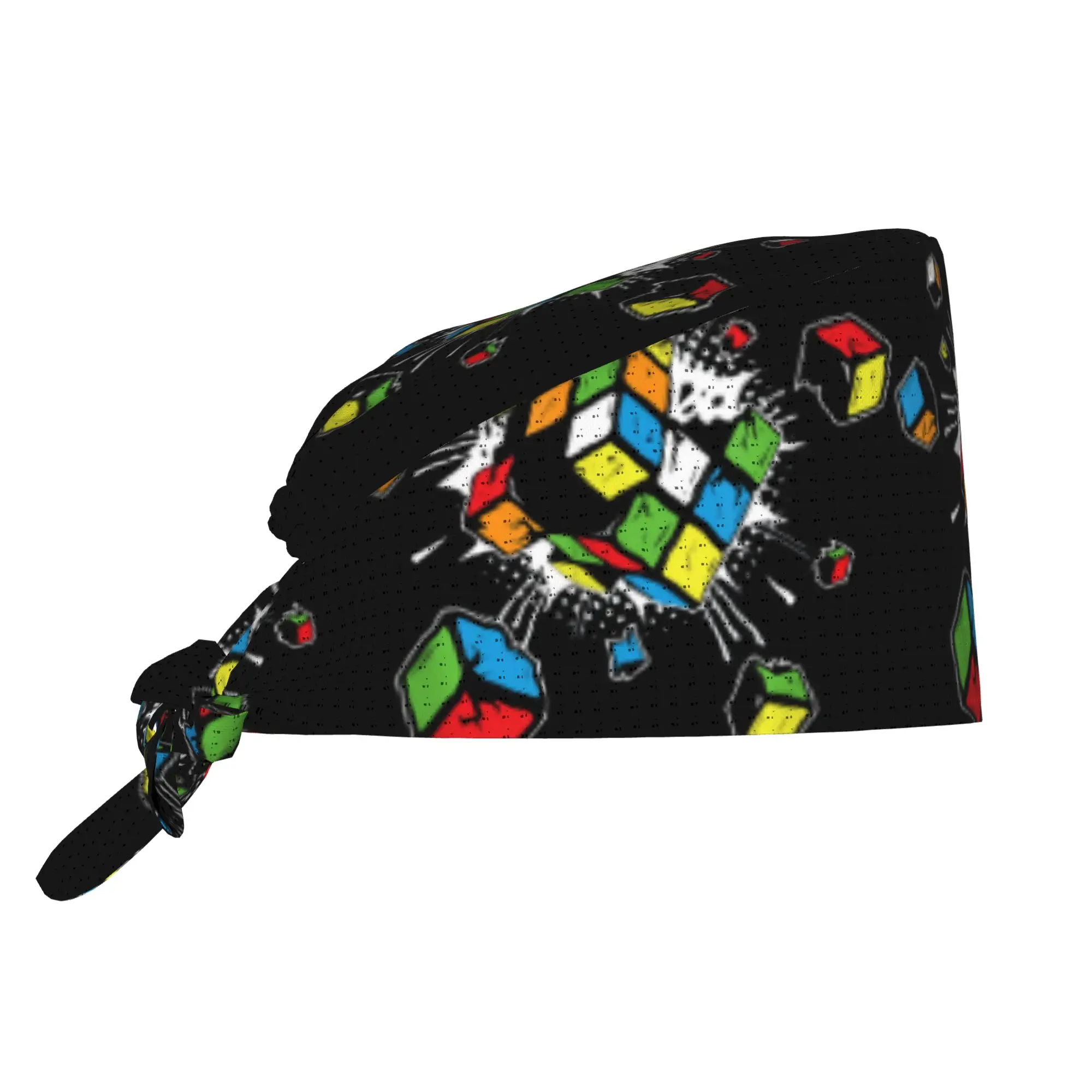 Custom Exploding Rubix Rubiks Magic Cube Breathable Surgical Scrub Caps Nursing Hair Hats Math Gift Work Scrubs Hat for Medical