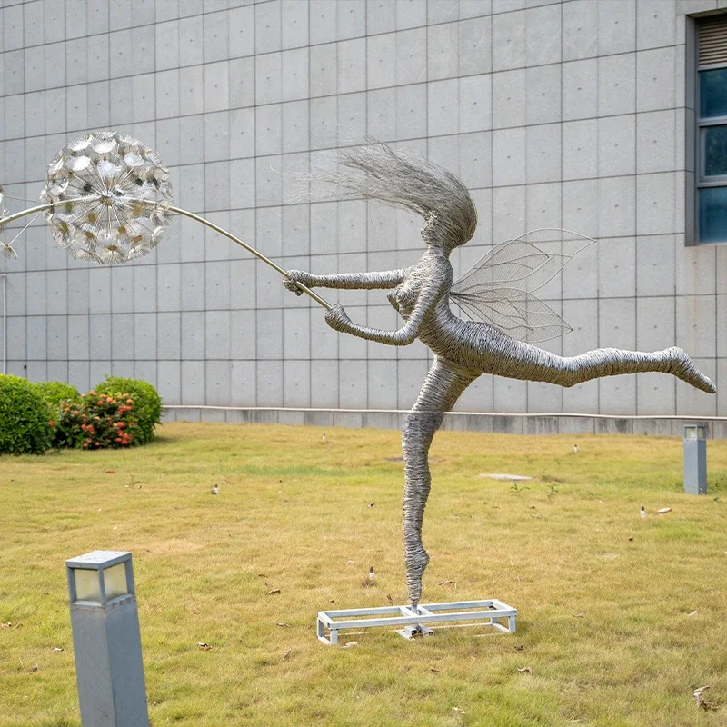 Large Art Statue Outdoor Garden Modern Metal Wire Statue Decorative Abstract Fairy Dandelion Stainless Steel Sculptures