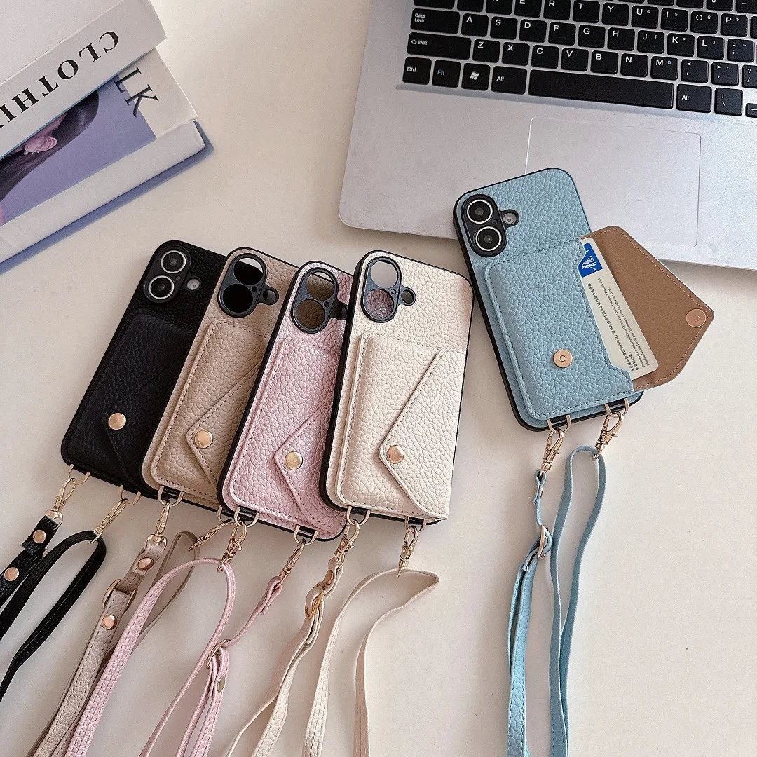 Crossbody Lanyard Leather Card Holder Pocket Wallet Case For iPhone 11 12 13 14 15 16 17 Pro Max Plus Purse Shell Phone Cover