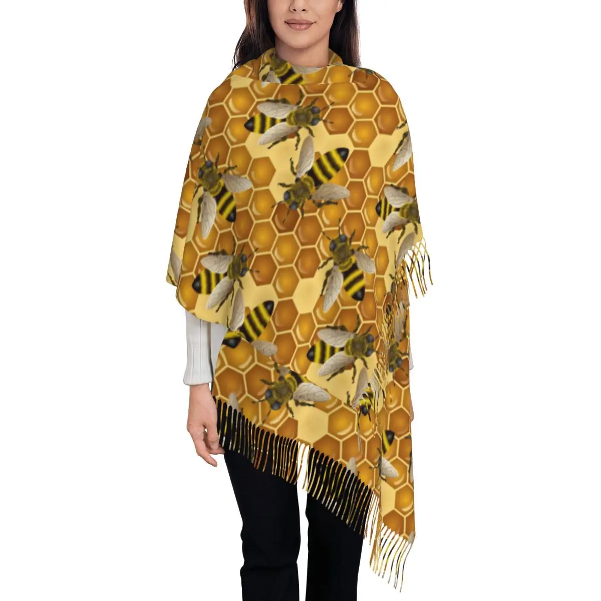

Custom Bee And Honeycomb Print Scarf Wrap Women Long Winter Warm Tassel Shawl Unisex Scarves