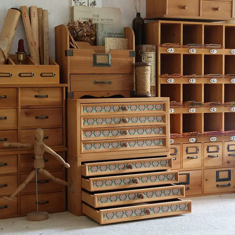 Caja de Madera Estilo Antiguo con Cajones para Guardar Sellos, Organizador de Escritorio Multicapa y Pieza Decorativa para Ofici