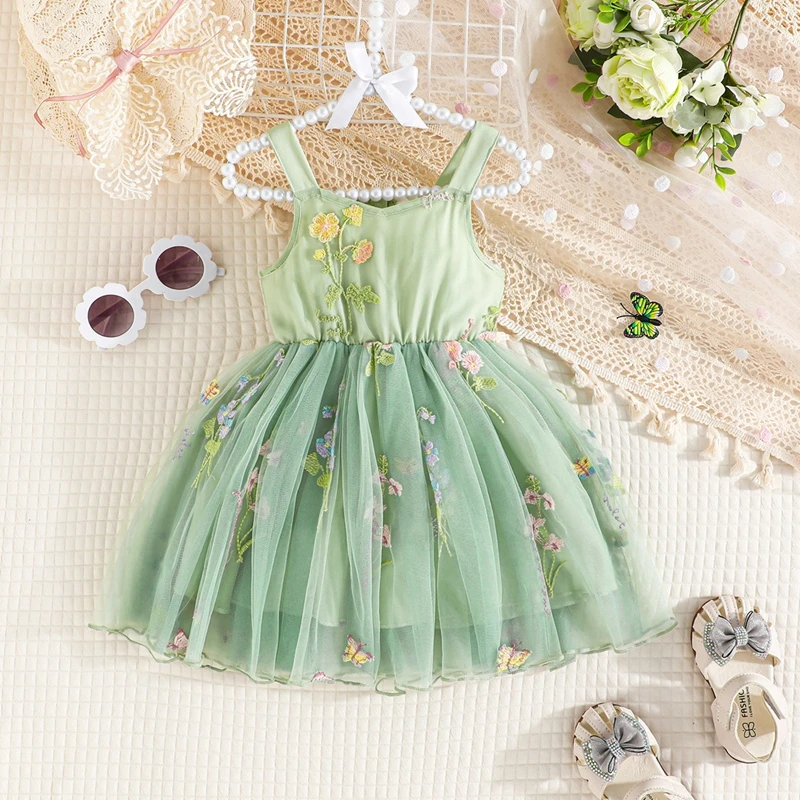 Tregren Infant Baby Girl Princess Dress Kids Sleeveless Floral Embroidery Tulle A-Line Dress Sweet Style Toddler Party Dress