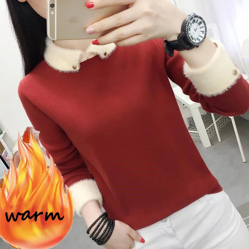 

Autumn Winter Women Sweater Pullovers Long Sleeve Doll Collar Slim Winter Velvet Lining Knitted Sweater Female Jumper Short Tops