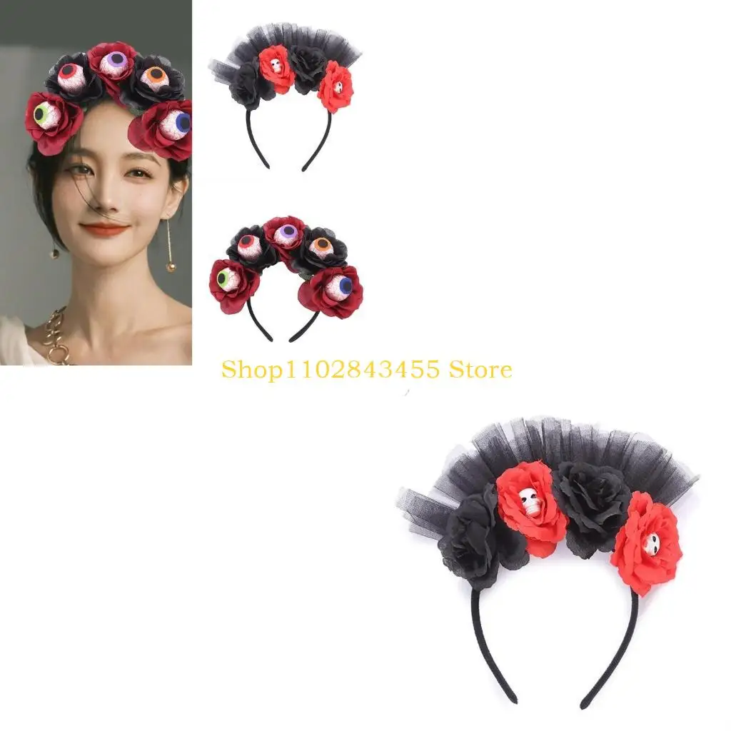 49MC Skull Headband for Kids Halloween Flower Theme Parties Dark Skeleton Headband with Colorful Rose