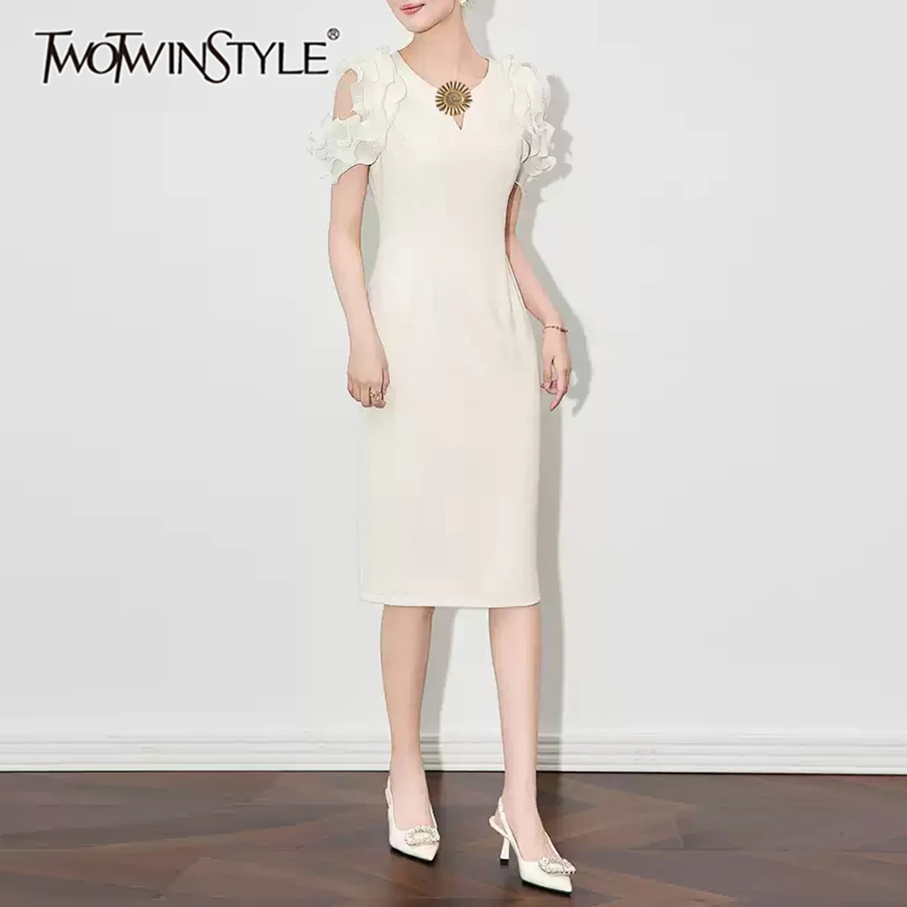 

TWOTWINSTYLE Solid Slimming Spliced Folds Dress for Women Round Neck Short Sleeves Patchwork Hollow Out Dresses Female Fashion