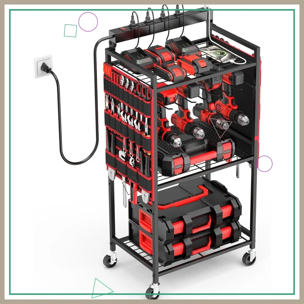 

Heavy Duty Rolling Tool Cart with 8 Outlet Power Strip and 3 USB Charging Station, Mobile Drill Storage Rack on Wheels
