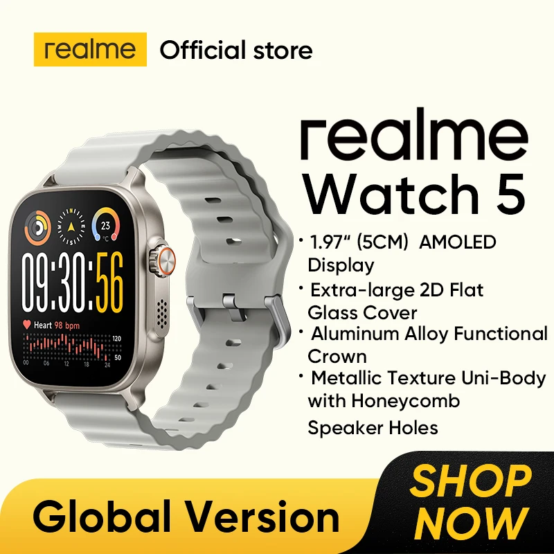 ساعة Realme 5 الذكية الإصدار العالمي 1.97 بوصة شاشة AMOLED لمراقبة الرياضة والصحة عمر البطارية لمدة 14 يومًا IP68 بلوتوث 5.3