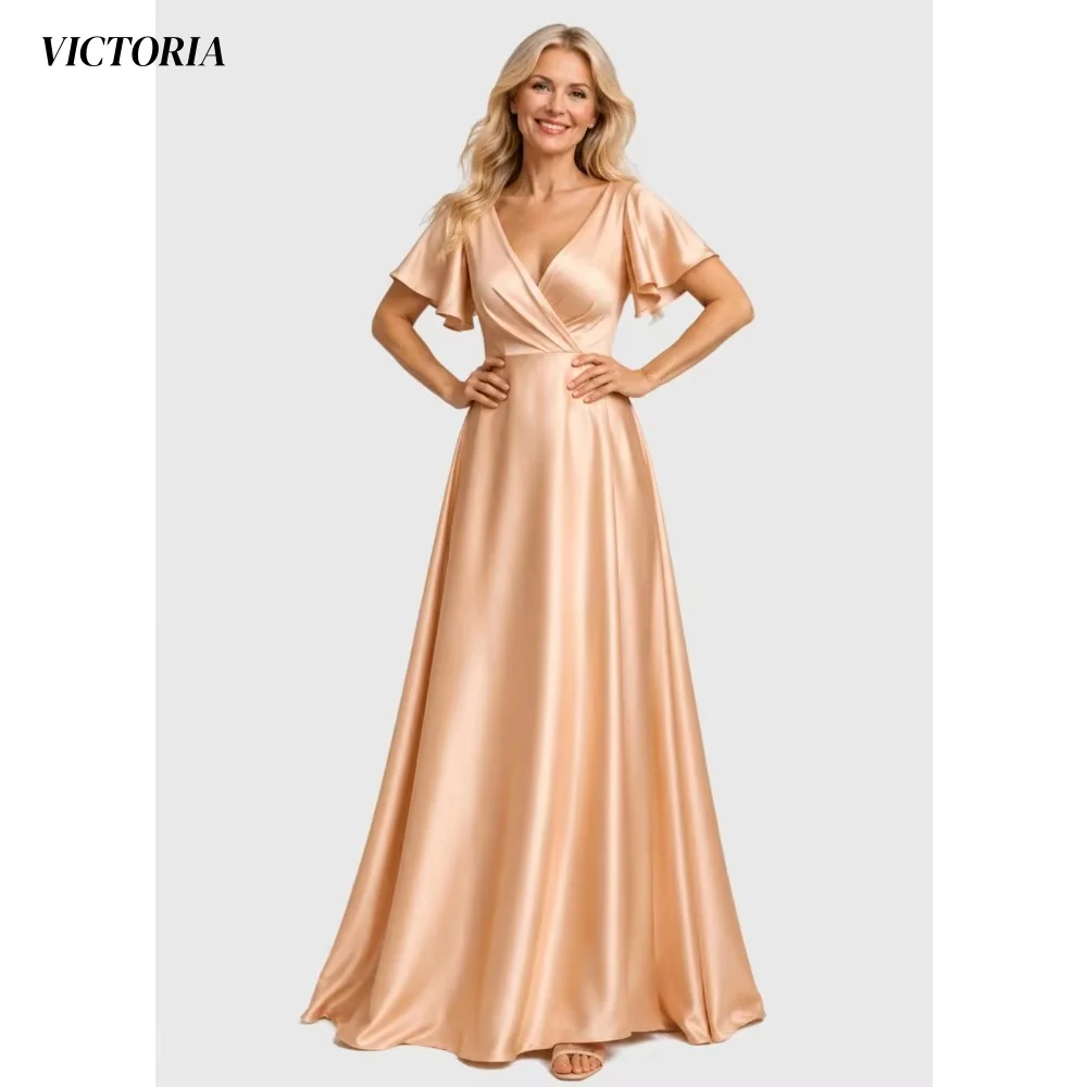 Fashion A-line  Women's Wedding Party Attire V-Neck Satin Mother Of The Bride Dresses Champagne Wedding Guest Dresse  Customized