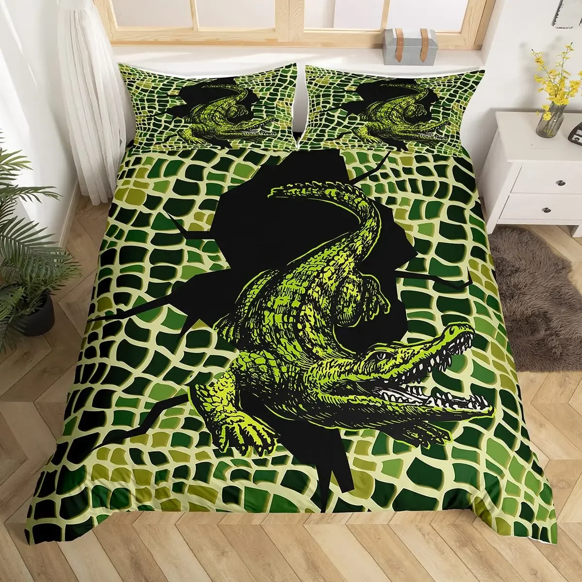 Crocodile Duvet Cover Set Wild Alligator Bedding Set for Boys Girls Wildlife Comforter Cover Horror Animal Quilt Cover Full Size