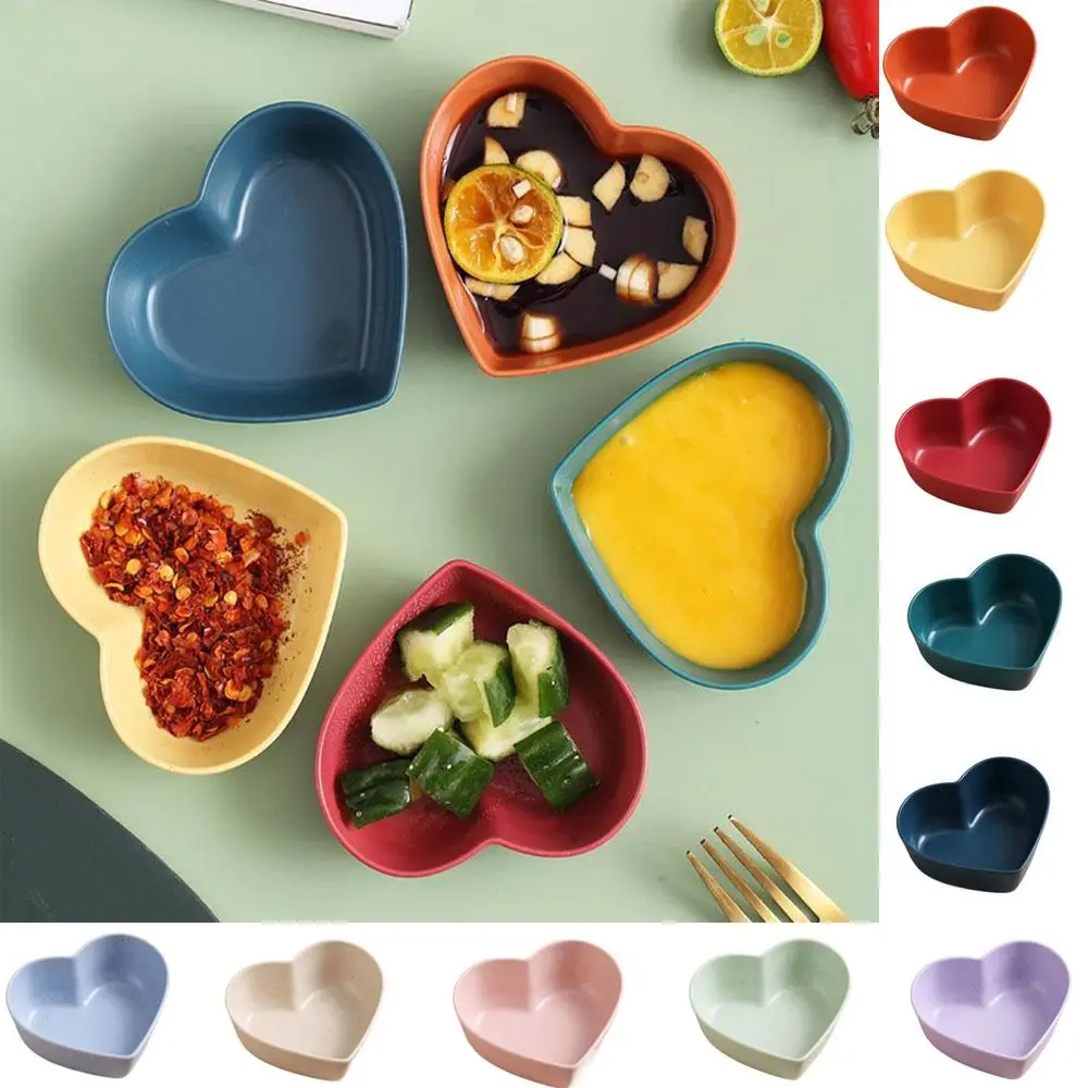 Mini Cute Love Heart Shape Wheat Straw Bowl Vinegar Seasoning Solid Soybean Dish Sauce Salt Snack Small Plate Kitchen Supplies