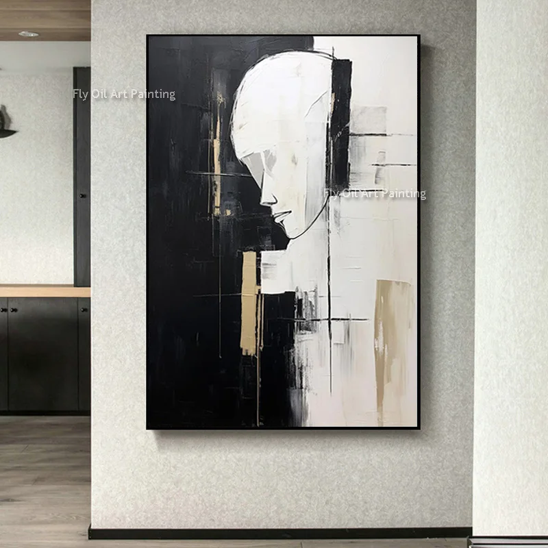 Handmade Abstract Artwork People Head Canvas Oil Painting Black And White Abstract Wall Art New Design Living Room Decor