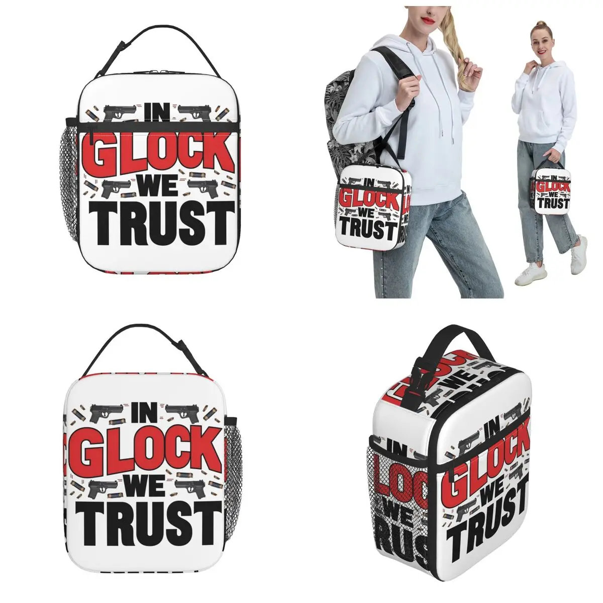 In Glock We Trust Insulated Lunch Bag Guns Pistol Lover Storage Food Box Portable Thermal Cooler Bento Box For Picnic