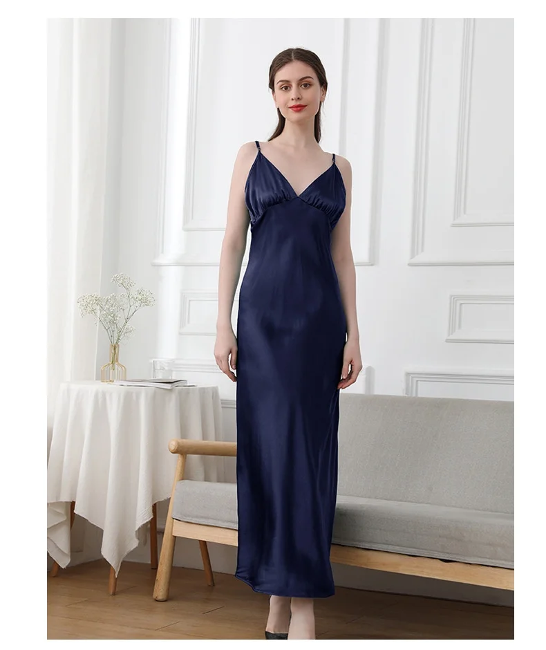 

Women 100% Silk Slip Dress Solid V Neck Maxi Dresses Spaghetti Strap Satin Dress Bottoming Skirt Sexy Sleeping Dresses Nightwear