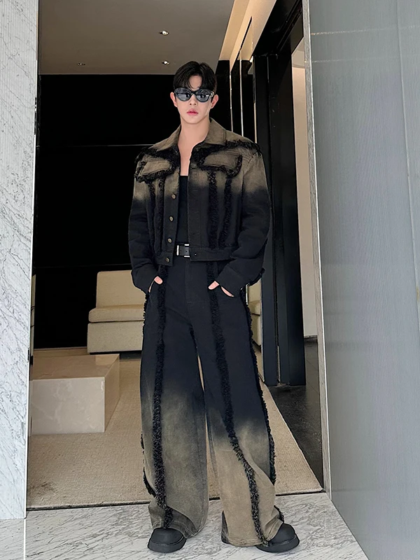 

Винтажный американский джинсовый комплект Waed из плотного денима с рваными краями и градиентными цветами, широкие брюки, повседневный молодежный стиль