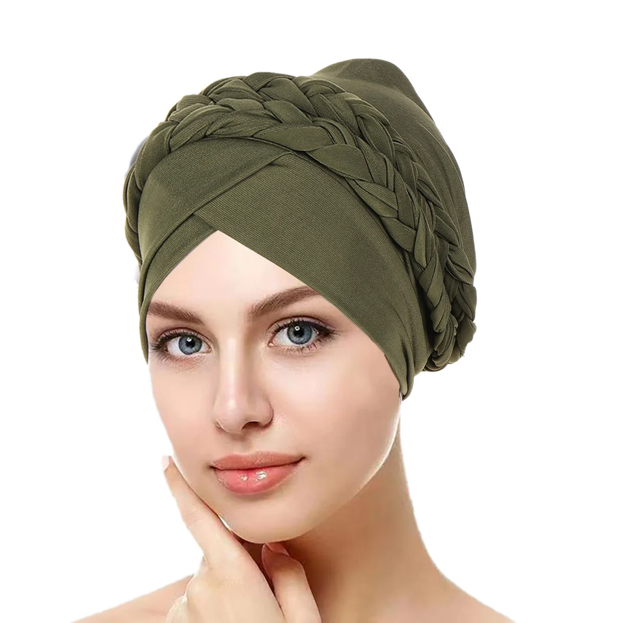 

New European and American Spring and Autumn Muslim Baotou Hat Two Milk Silk Monochrome Braid Headscarf Hat
