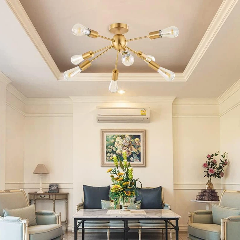 

8-Light Sputnik Chandelier Brushed Brass Semi Flush Mount Ceiling Light Modern Pendant Light for Kitchen Bathroom Dining Room Be