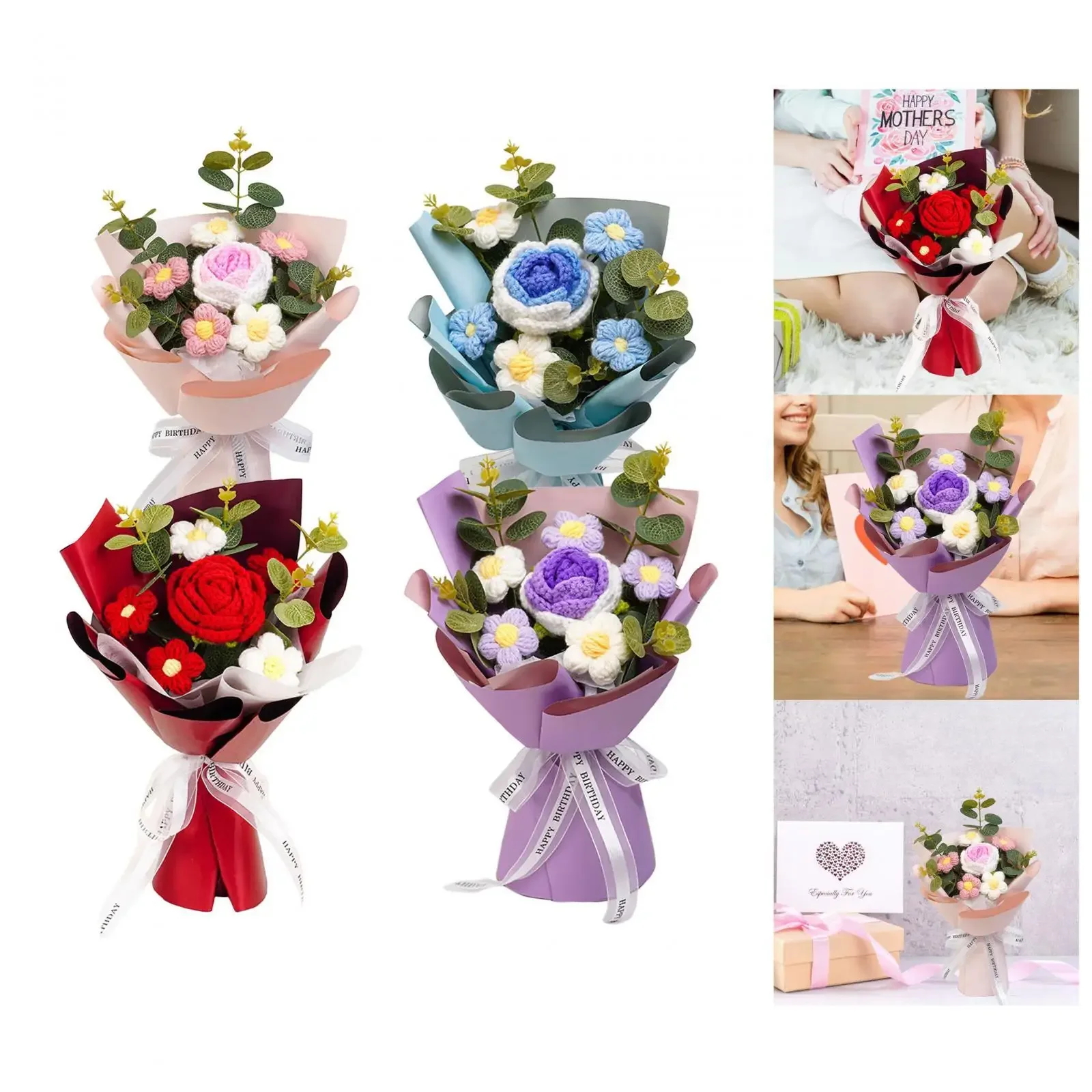 باقة زهور كروشيه لتزيين المنزل من الزهور المحبوكة لعيد المعلم وأعياد الميلاد والذكرى السنوية وعيد الشكر للنساء
