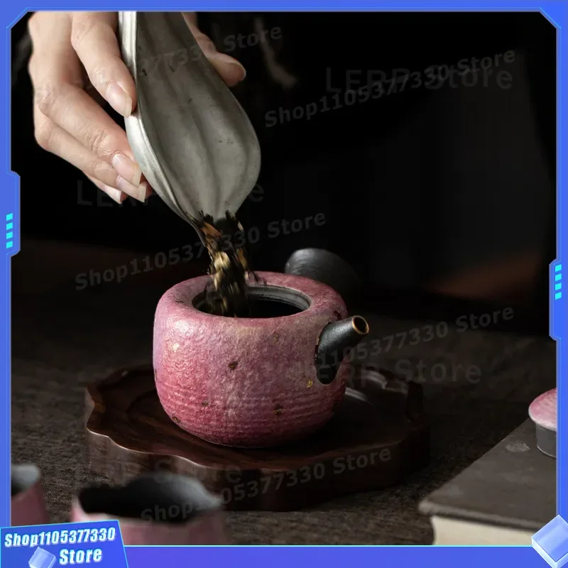 Retro Ceramic Teapot with Ball Filter Single Pot Anti Scalding Handle Round Side Hole Brewing Tea Set Gift Box for Home