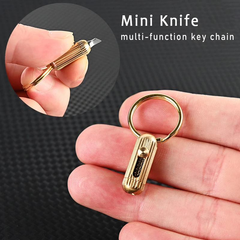 Brass Mini Capsule Push Knife Key Chain Pendant Men Portable Express Delivery Knife Function Key Ring Push Pull Pocket Knife