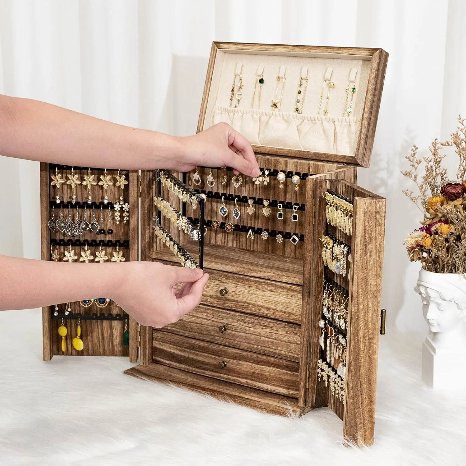 

Jewelry Box Organizer, Large Wooden Jewelry Boxes for Women, Rustic Earring Jewelry Organizer for Necklace Earring Ring Bracelet