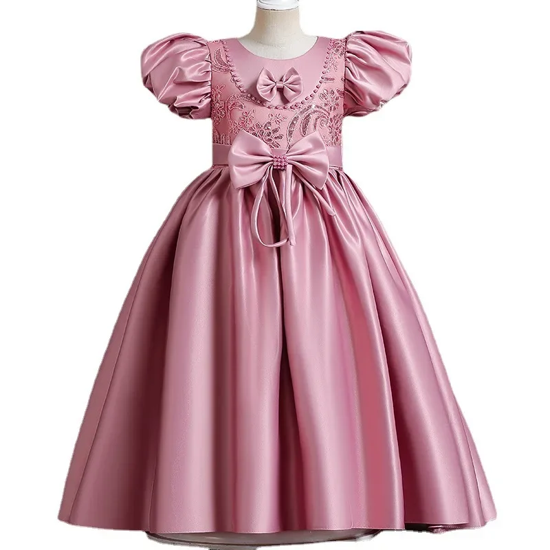 Vestido de princesa para niños, traje de satén con cuentas y lazo para banquete, actuación, fiesta de cumpleaños, novedad de 2024