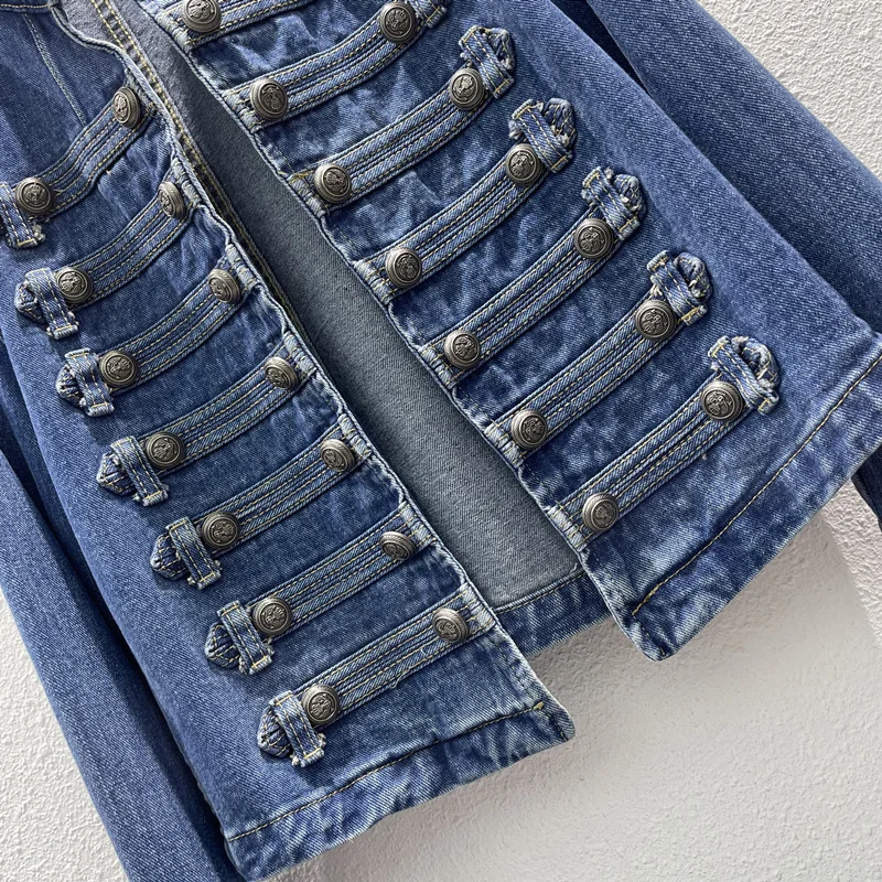 Retro Denim Jacket Women Versatile French Port Style POLO Collar Top Multi Breasted Jacket