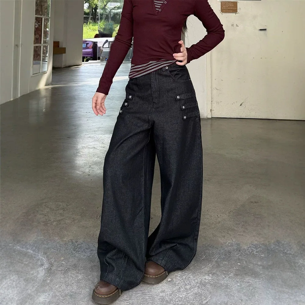 YJKDYK American Retro Women Wide Leg Straight Jeans Women's Multiple Buttons Original Blue Autumn Loose Long Pants Ladies Jeans