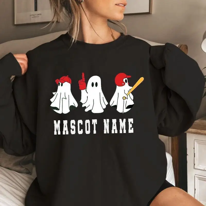 

Personalized Baseball Ghost Sweatshirt for Women, Custom Mascot Name Halloween Crewneck Pullover, Funny Sports Fan Team Gift