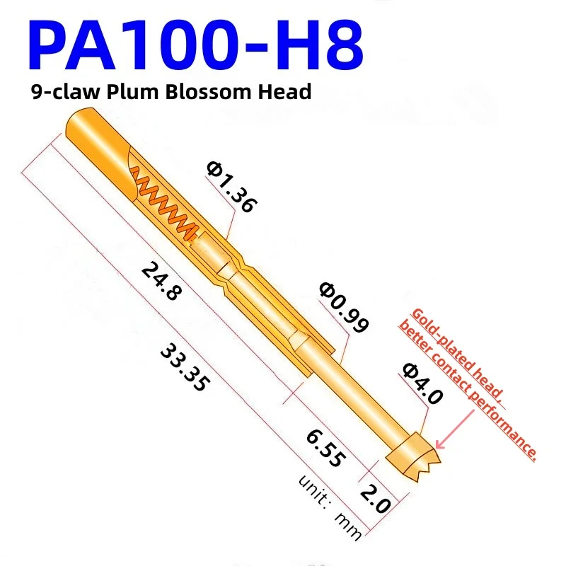 20/100PCS PA100-H8 33.35mm 9-claw Plum Head Dia 4.0mm Needle Spring Test Pin P100-H8 Dia 1.36mm Test Probe Pogo Pin P100-H