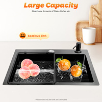 Large Black Kitchen Drainer Stainless Steel Kitchen Sink with Drainer Vegetable Double Basin with Soap Dispenser