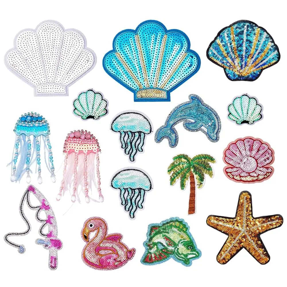 

18pcs 14 Styles Ocean Sequin Iron on Patches, Summer Sea Embroidered Patches Shell Jellyfish Fish Dolphin Applique for Cloth