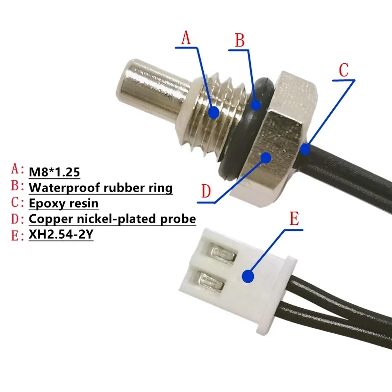 Capteur de température à thermistance NTC à sonde hexagonale, filetage 1.25, B3950, 5K, 15K, 20K, 50K, 100K, 1M, 2CPS, 10K, M8