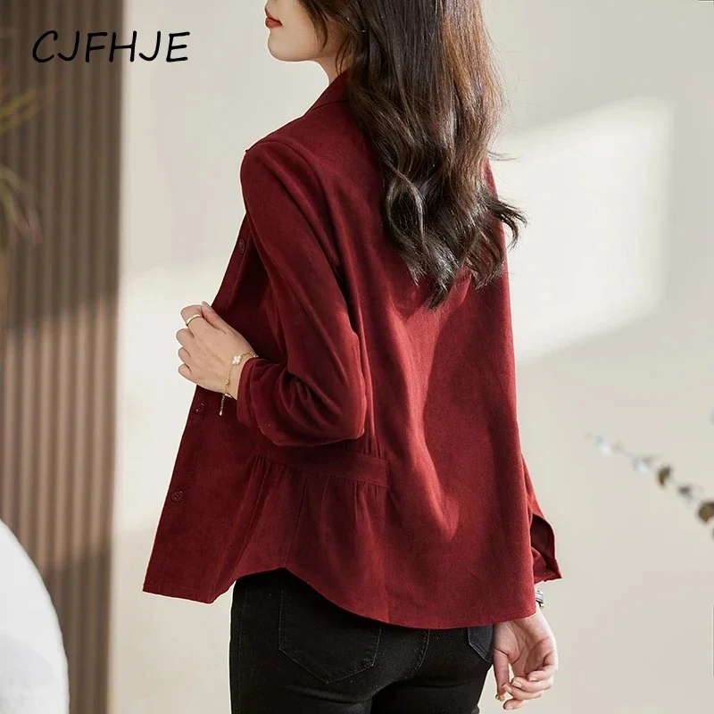 CJFHJE-camisas lisas ajustadas para mujer, Blusa de manga larga con cuello vuelto, botonadura única, color rojo vino, botones, primavera y otoño