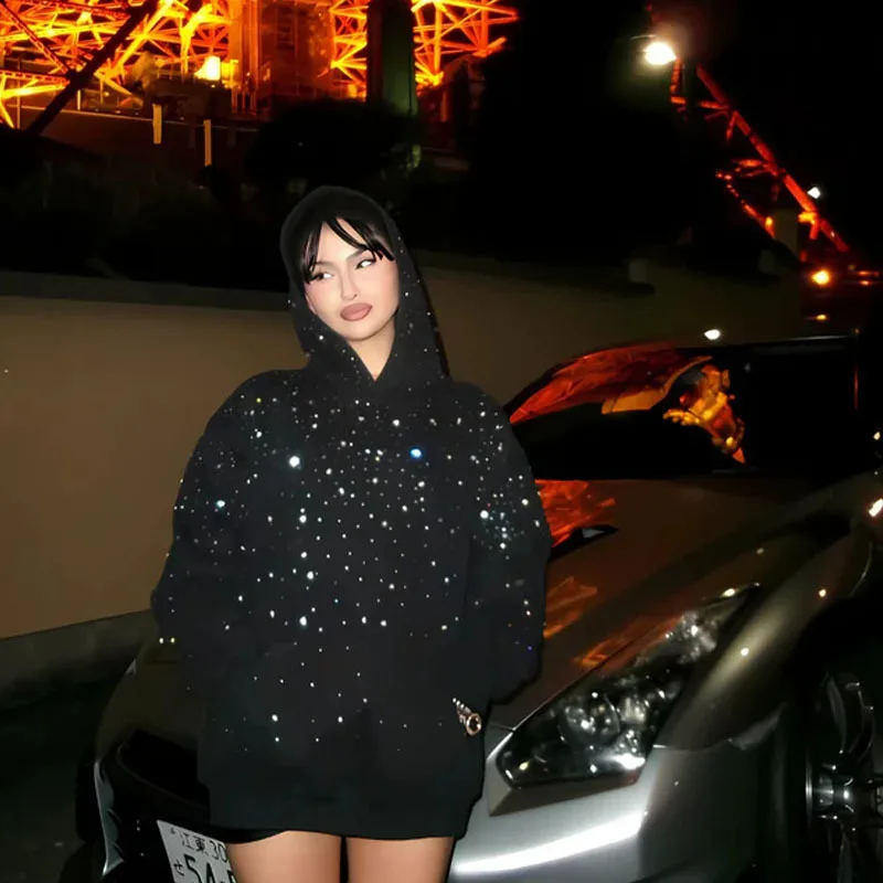 2025年 フード付きスポーツプルオーバー、ホットスタンピングダイヤモンドカップルスタイルストリートウェア、INS