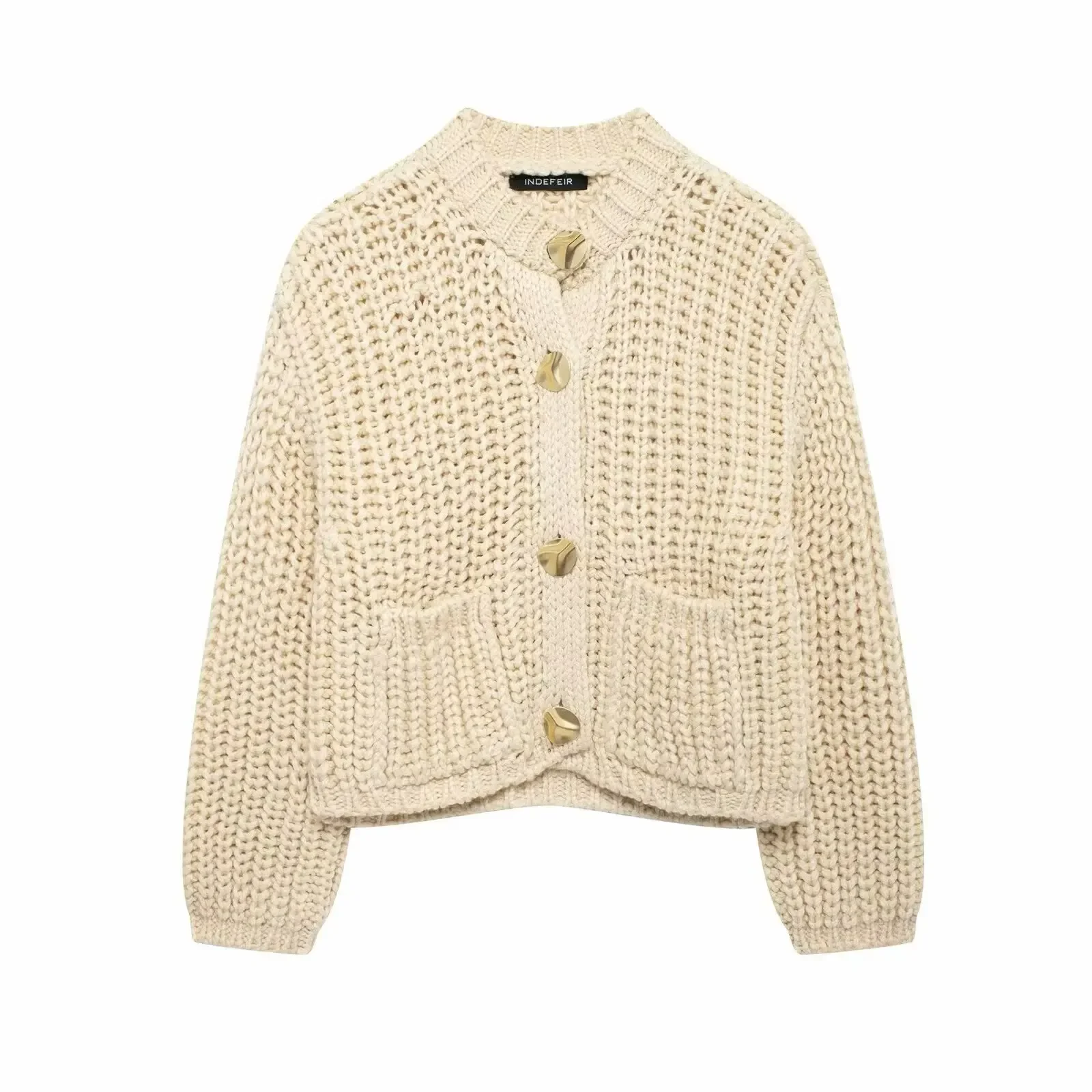 2024 Autumn Women Elegant Beige Knit Cardigan Coat With Pocket Loose Casual Single Breasted Long Sleeve O Neck Sweater Y2K Top