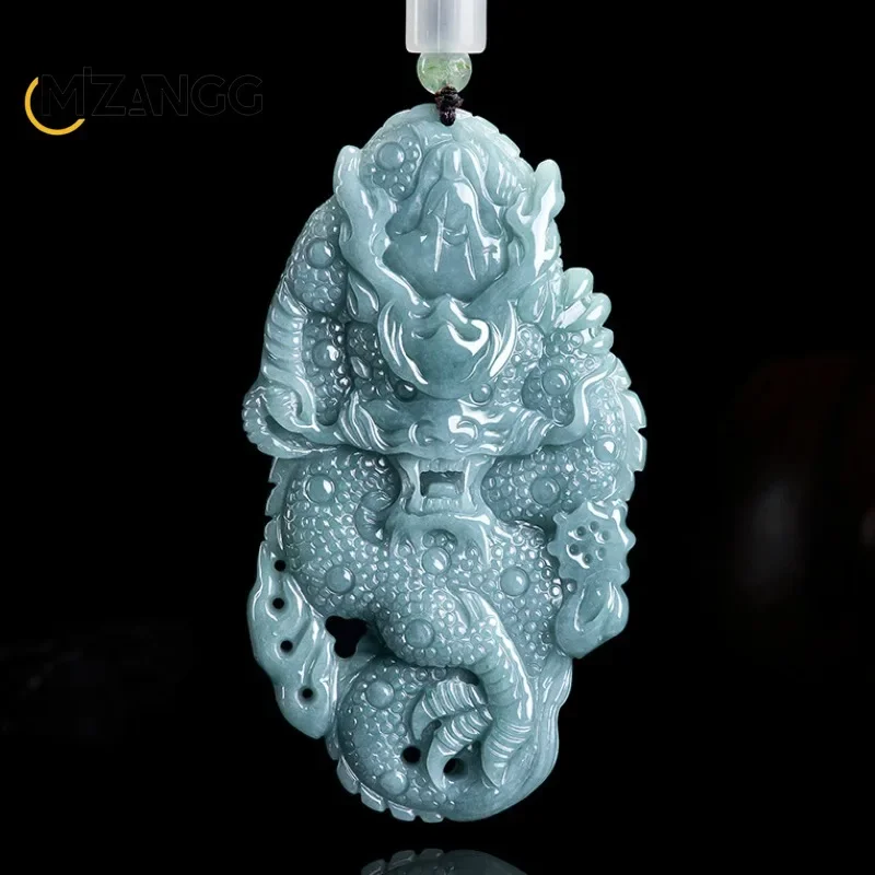 High-grade Natural Jadeite Blue Water God Dragon Protection Master Zodiac Dragon Pendant Overbearing Fashion Men Lucky Amulet