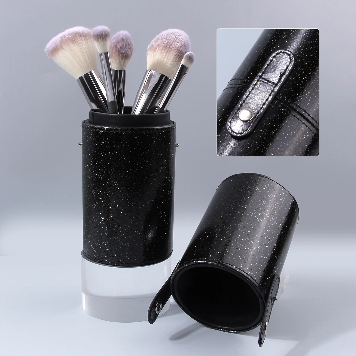 Black Stylish Leather Makeup Brush Holder, Desktop Organizer Pen Container, Portable Travel Storage Case