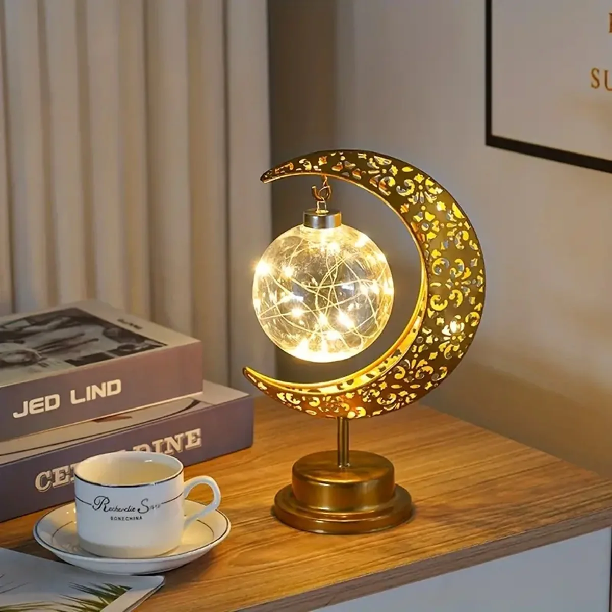 1pc Golden LED Iron Table Lamp Star Moon/Round Ball Ramadan Night Light For Bedroom Festival Eid Home Decoration