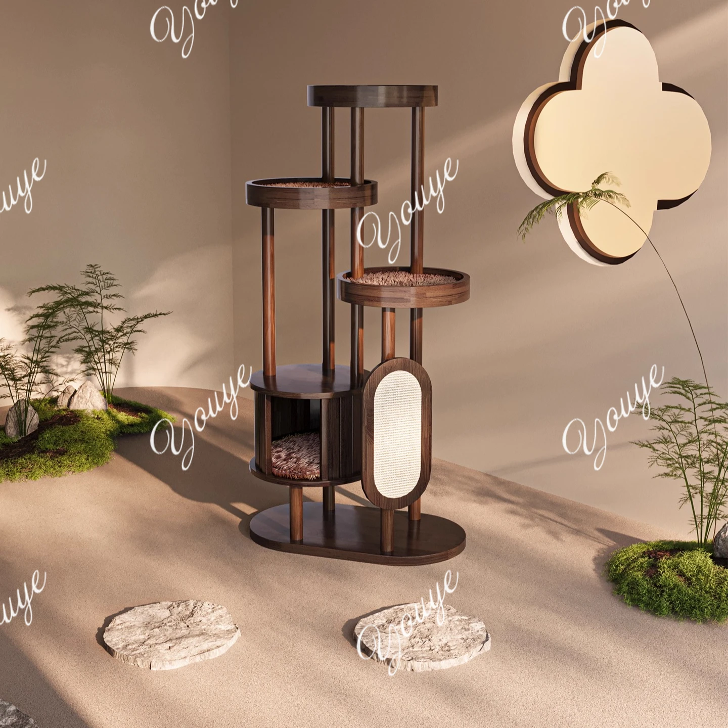 Cat climbing frame, nest tree integration, new Chinese-style solid wood cat frame, black walnut color cat villa