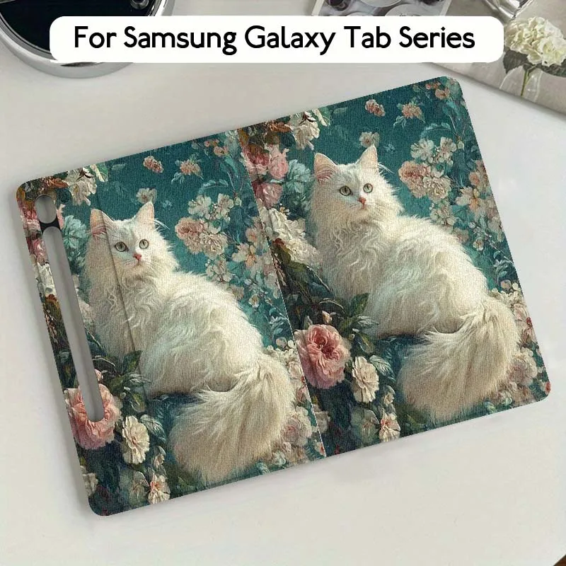 White Cat Beautiful Flower Gift For Samsung Galaxy Tab S10 S9 S8 S7 FE Lite Soft Flexible Support Tablet Case