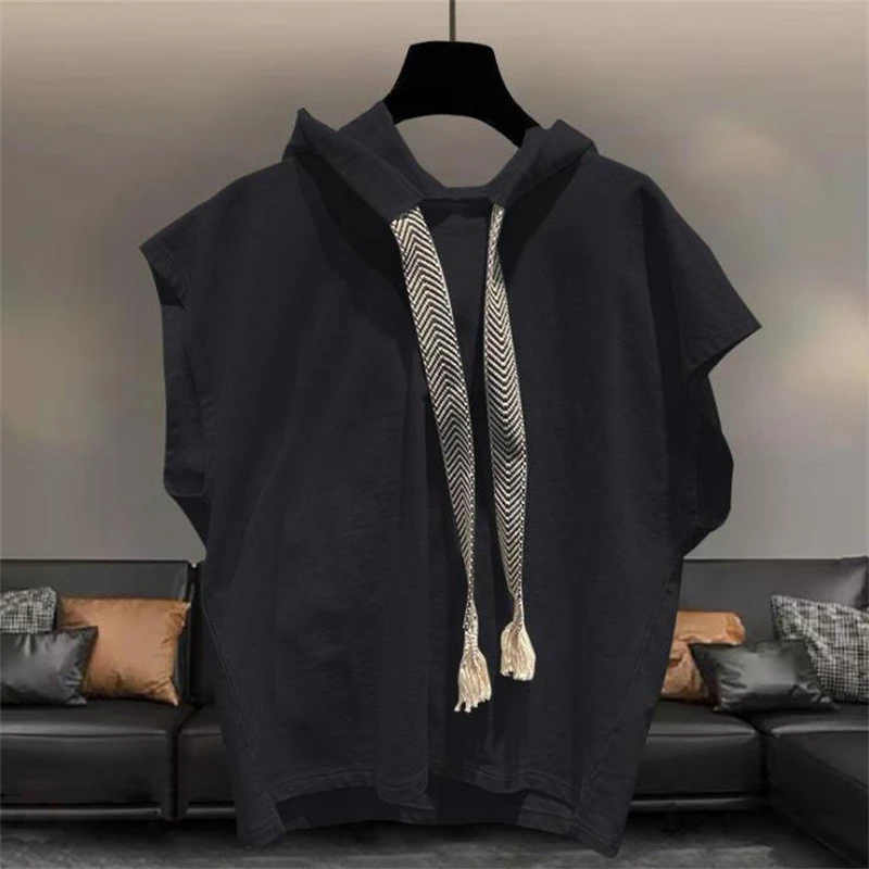 Men's Sleeveless T-shirts Sumer Hooded Tops Loose Solid Color Pullover Hooded Tshirts for Men 2024