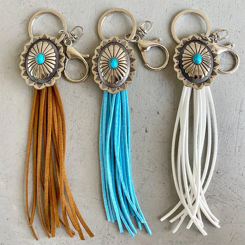 LLavero de flecos de Concho ovalado con flor de Cushaw turquesa Retro, nuevo llavero bohemio con borla de gamuza sintética Vintage, joyería de vaquera 2025