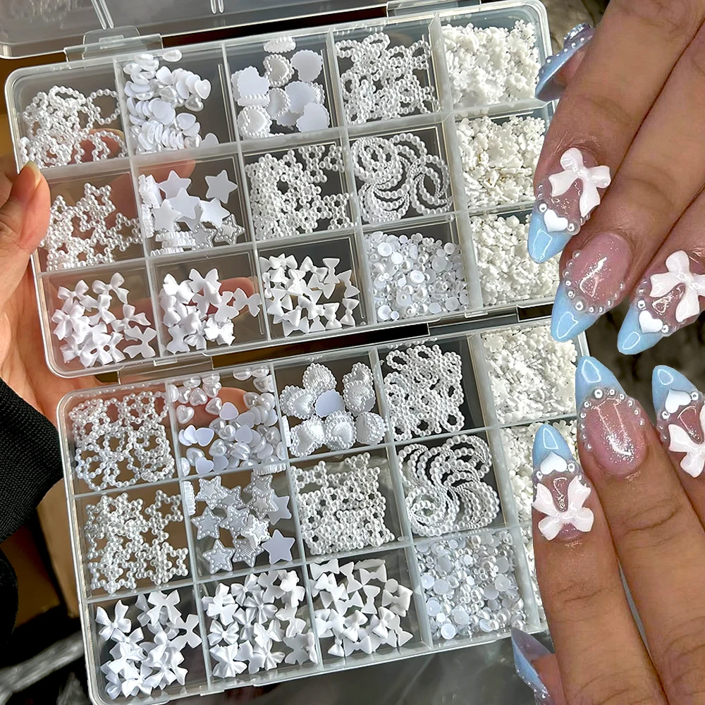 

Набор из 15 видов сатиновых белых бантиков с жемчугом для ногтей, смешанные жемчужные стразы в форме сердца, звезды, луны, перламутровые украшения для ногтей, милые жемчужные аксессуары для маникюра